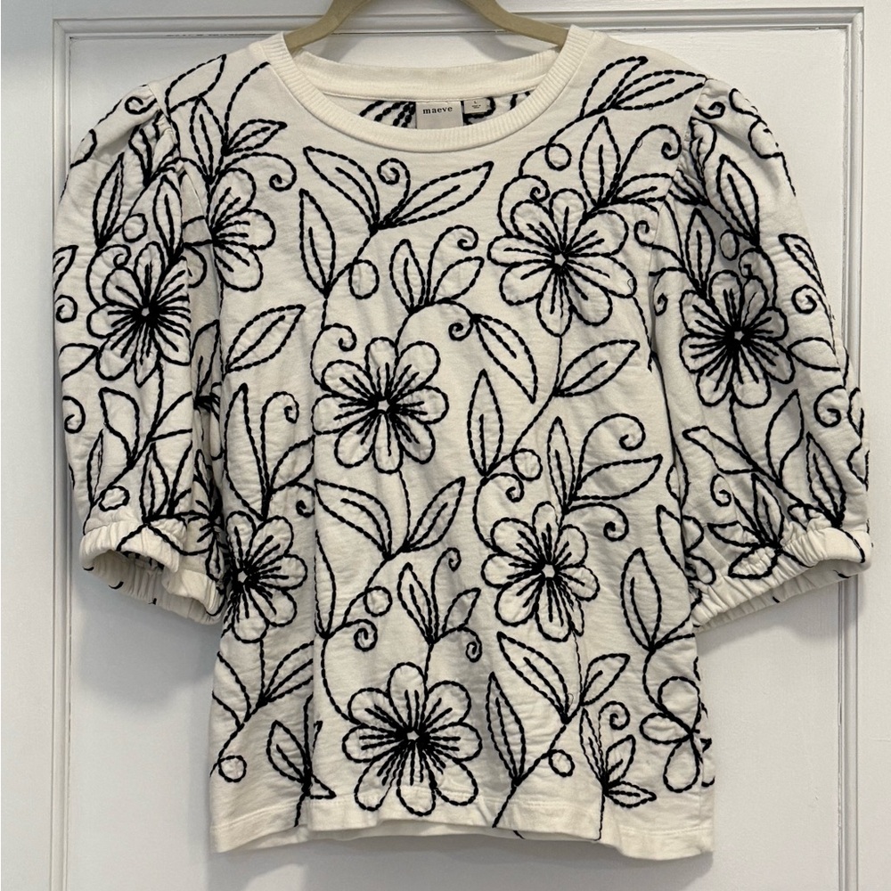 Maeve White Top with Black Floral Embroidery